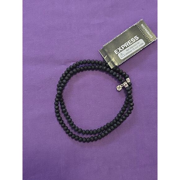 Express Signed Set Of 2 Stretch Bracelets Matte Black Faceted Beads New - Picture 1 of 7